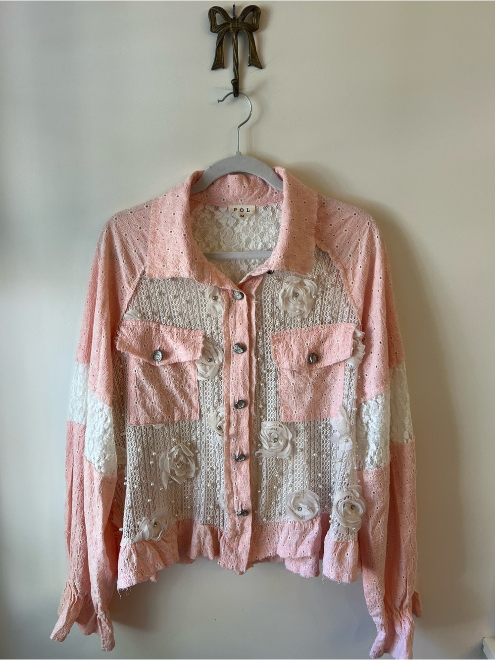 POL Sheer Floral Lace Bead Pearl 3D Embellished Button Up Shirt Pink Cream Boho